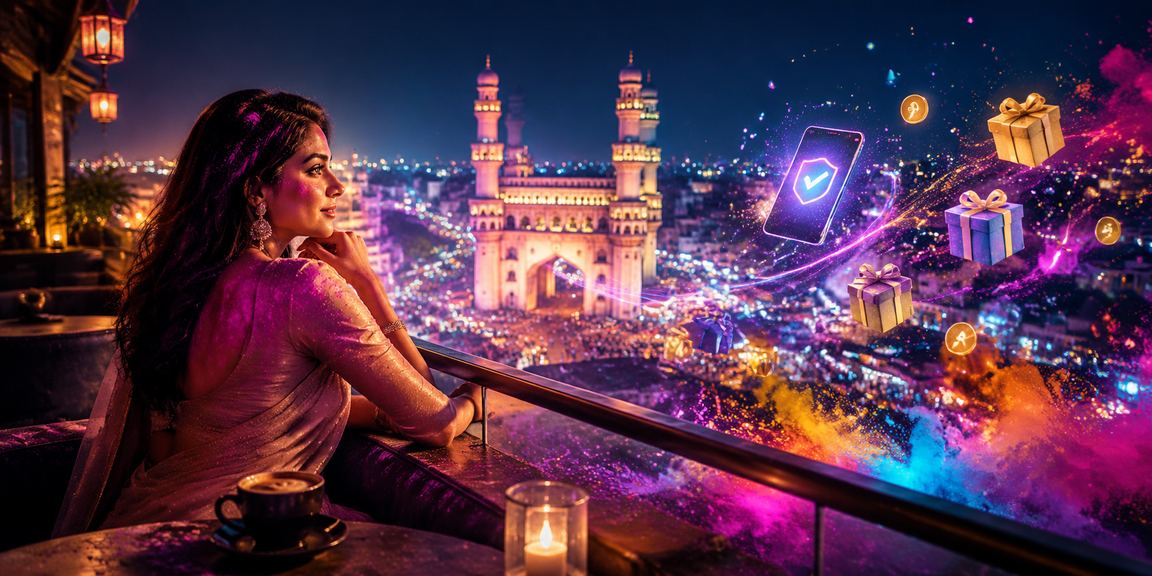 Happy Indian woman depositing money with phone pay during Holi season