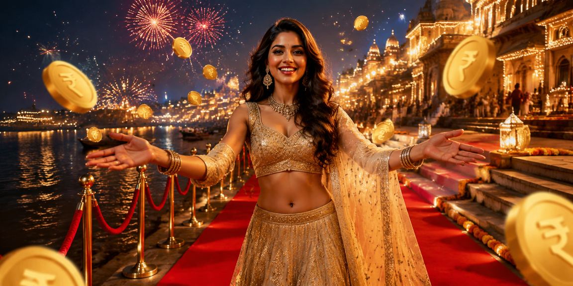 Varanasi ghat entertainment with casino and rupee symbol